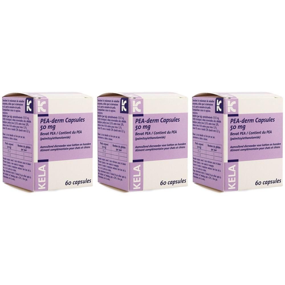 Trois boîtes de capsules KELA PEA-Derm, 50 mg, 60 capsules par boîte.