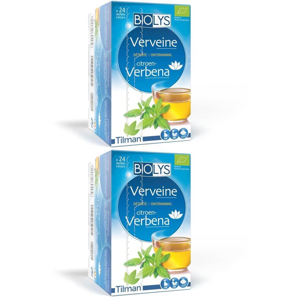 Twee pakken Biolys Citroenverbena thee. Elk pak bevat 24 zakjes. Met bio-logo.