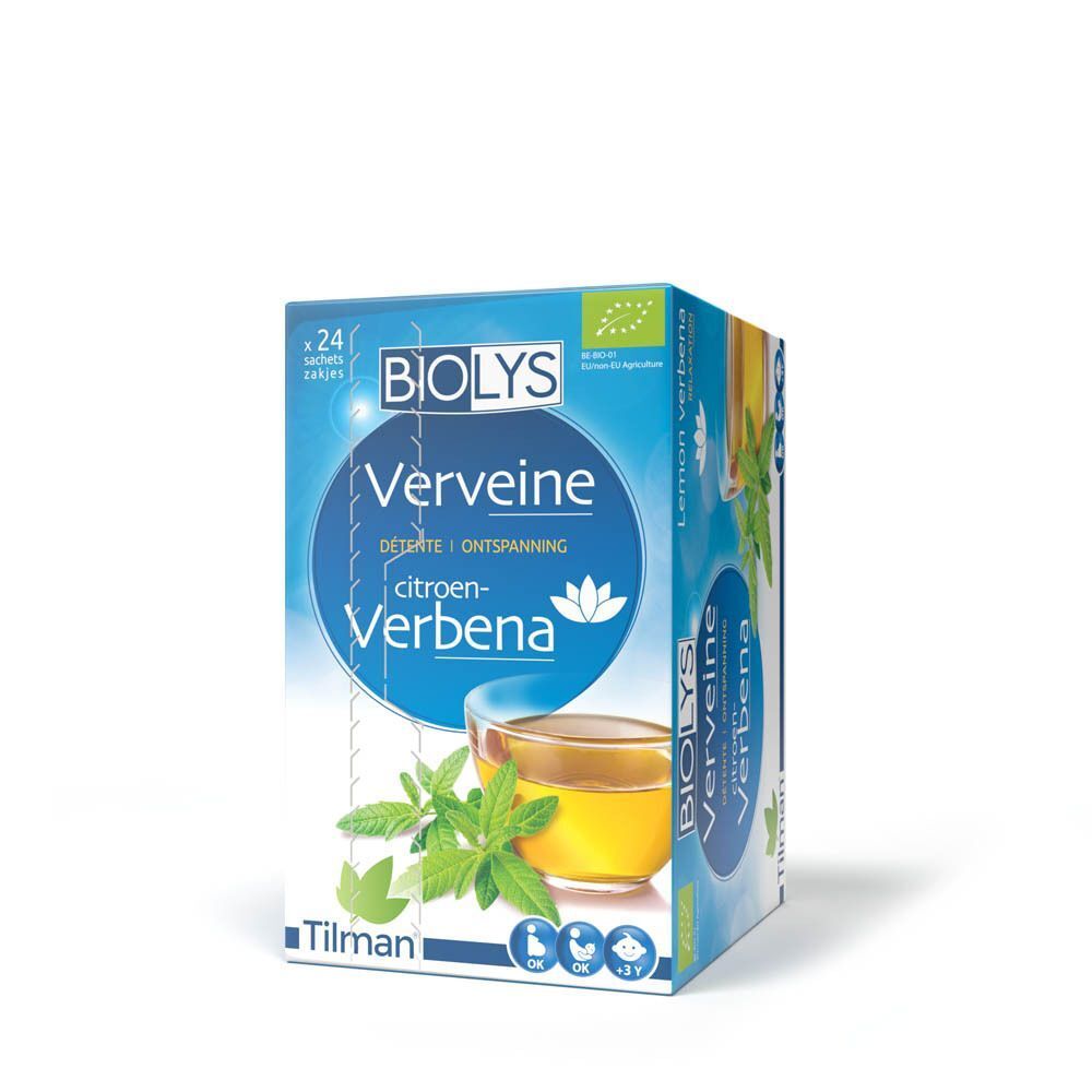 Boîte de tisane Biolys Verveine Citronnelle, 24 sachets. Logo Bio et feuilles de menthe.