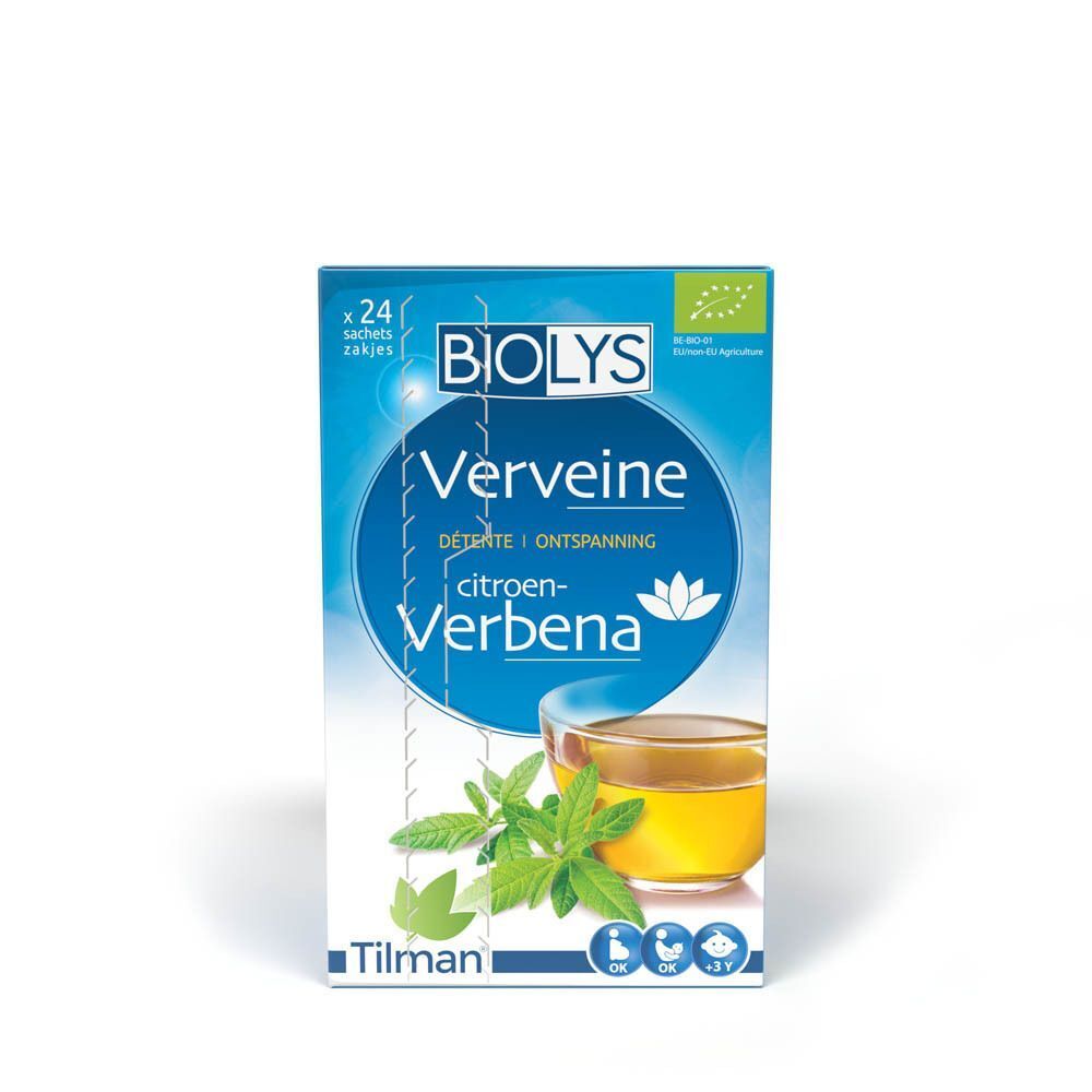 Boîte de tisane Biolys Verveine Citronnelle, 24 sachets. Logo Bio et feuilles de menthe.