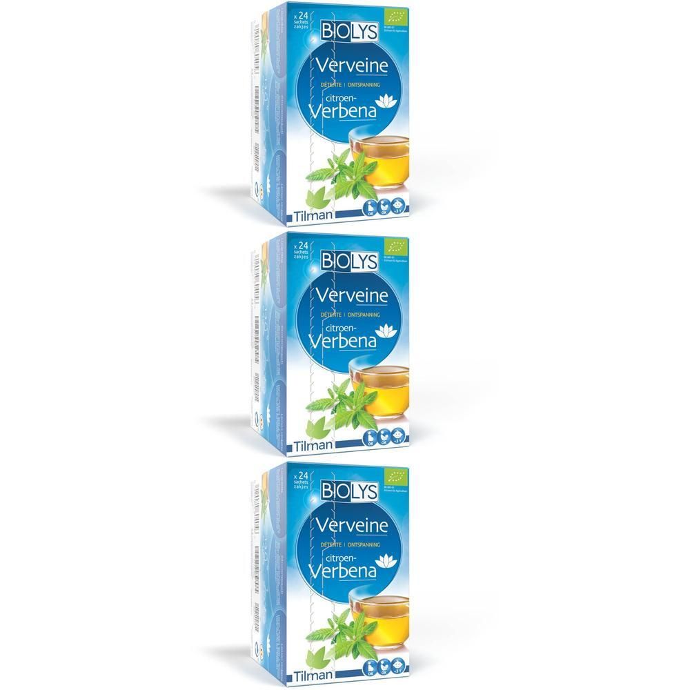 Verpakking Biolys Citroenverbena thee, 24 zakjes. Met Bio-keurmerk.