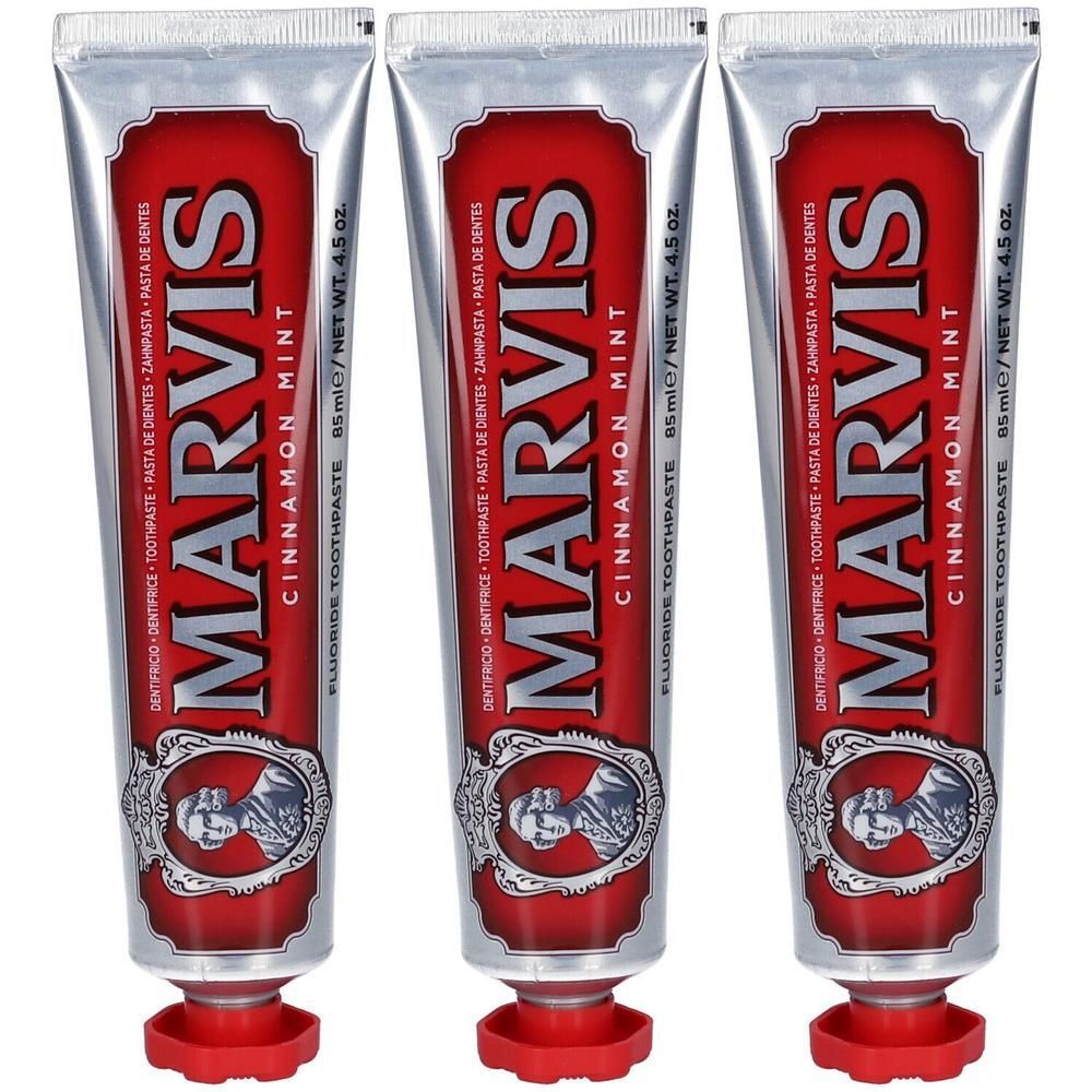 Trois tubes de dentifrice Marvis Cannelle Menthe au fluor, bouchon rouge.