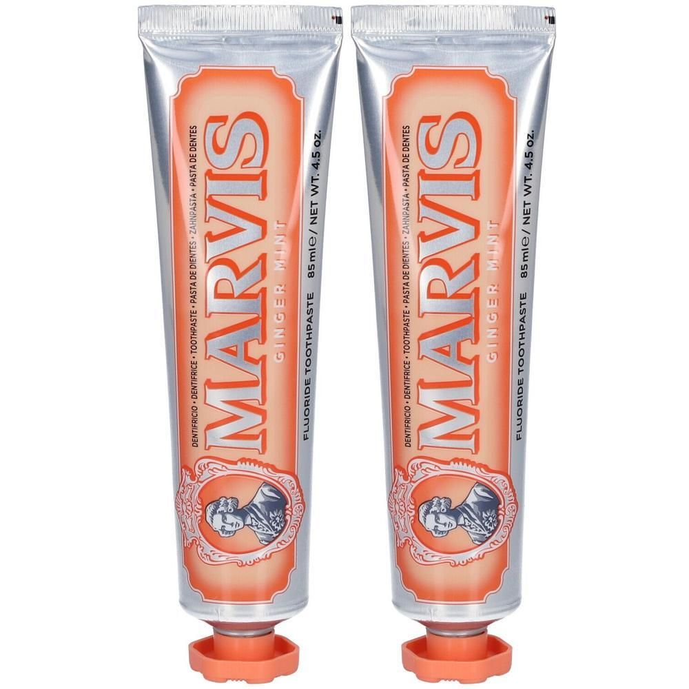 Twee tubes Marvis Ginger Mint tandpasta, 85ml.