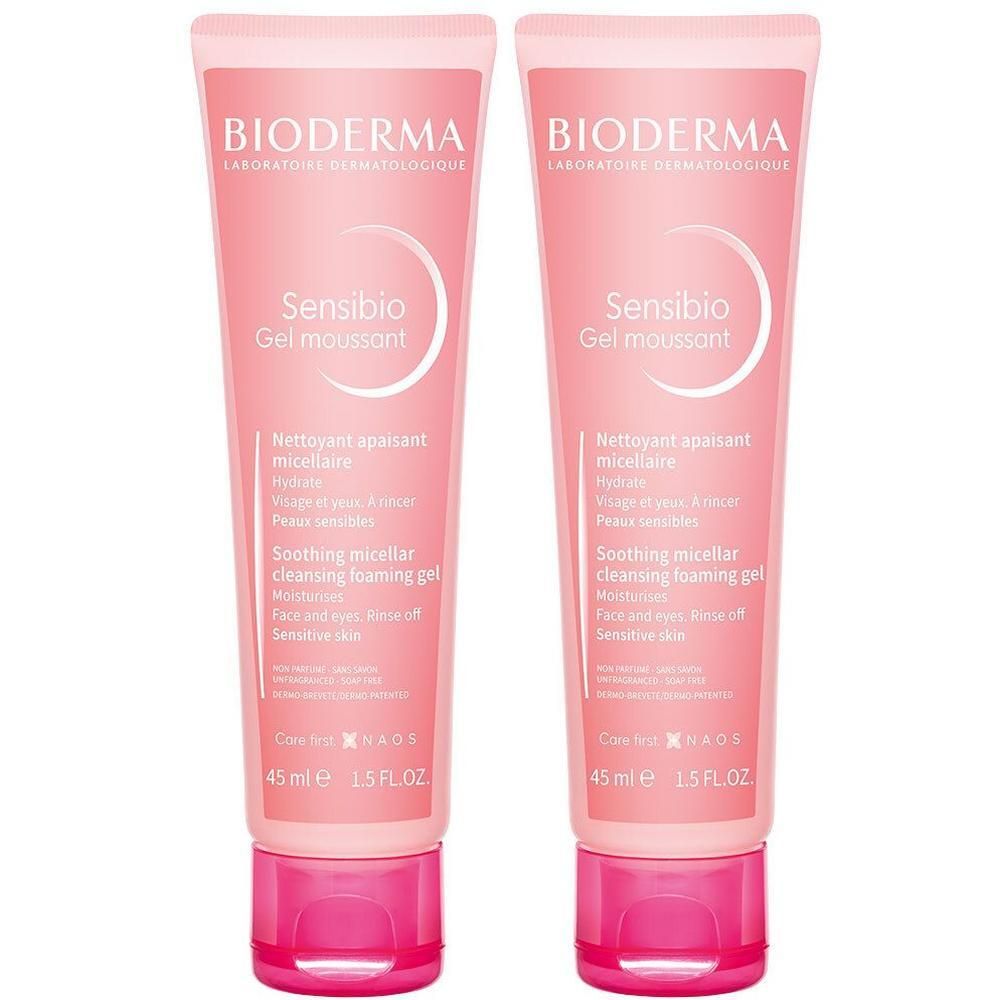 Deux tubes roses de Bioderma Sensibio Gel Moussant avec bouchons roses. 45 ml / 1.5 FL.OZ.