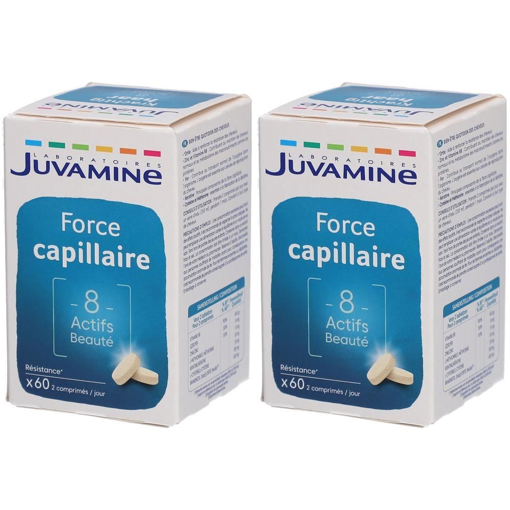 Deux boîtes Juvamine Force Capillaire, chacune contenant 60 comprimés. Les boîtes indiquent 8 actifs beauté.