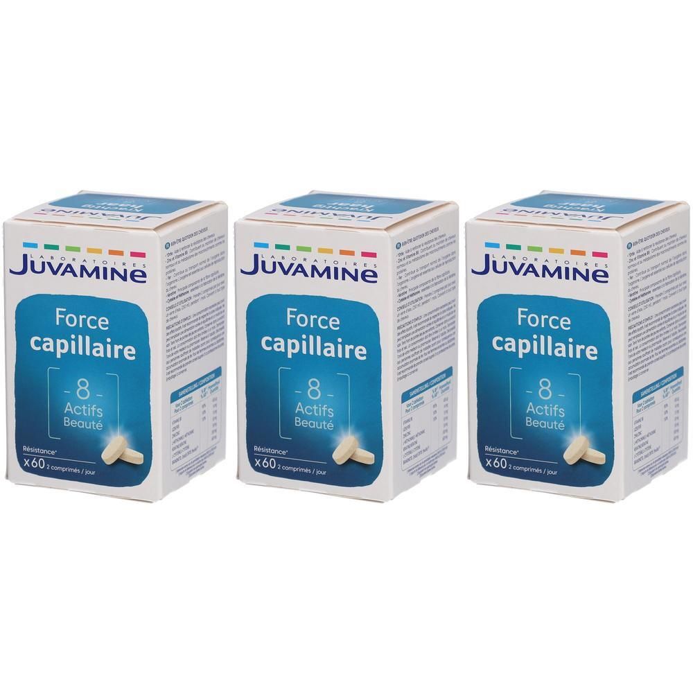 Trois boîtes Juvamine Force Capillaire, 60 comprimés chacune. Emballage bleu avec des comprimés blancs.