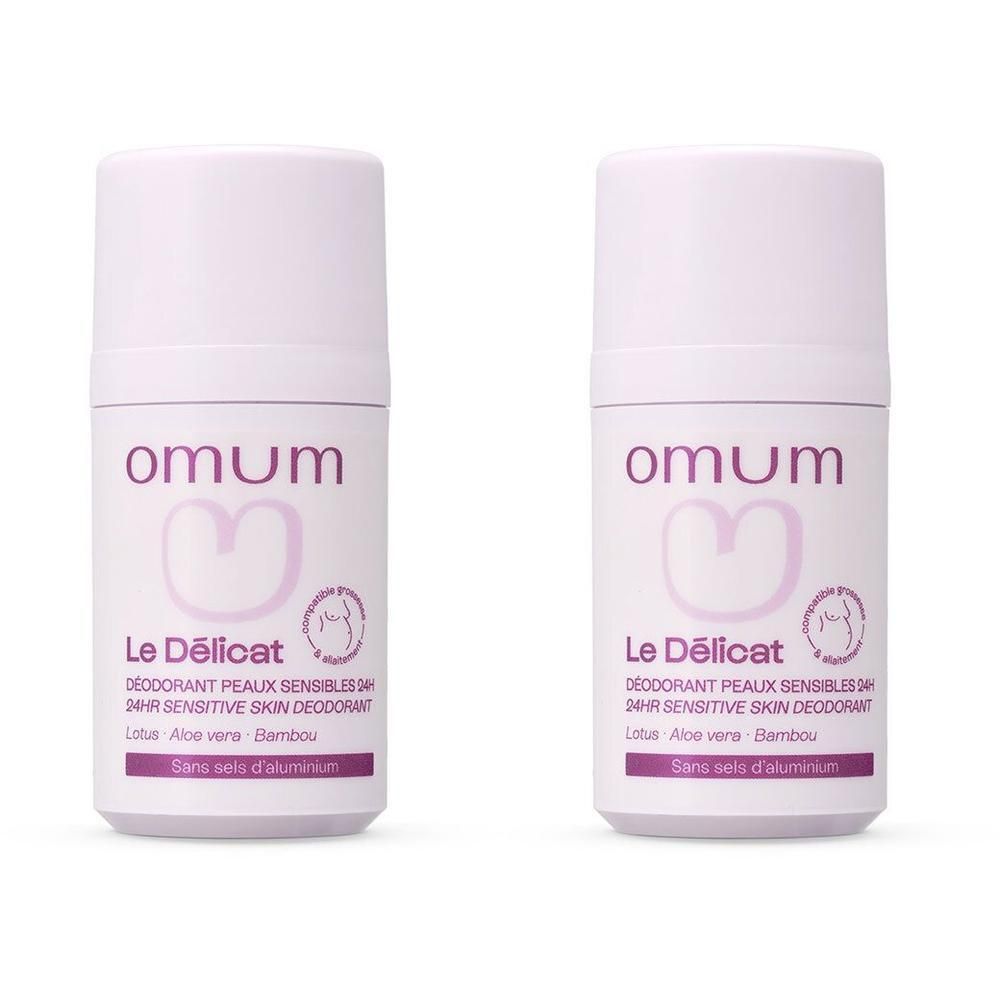 Deux roll-ons déodorants Omum Le Délicat pour peaux sensibles.