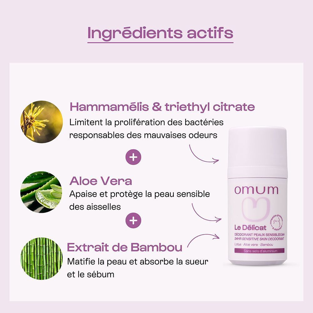 Déodorant Omum : ingrédients comme l'Aloe Vera et le Bambou.