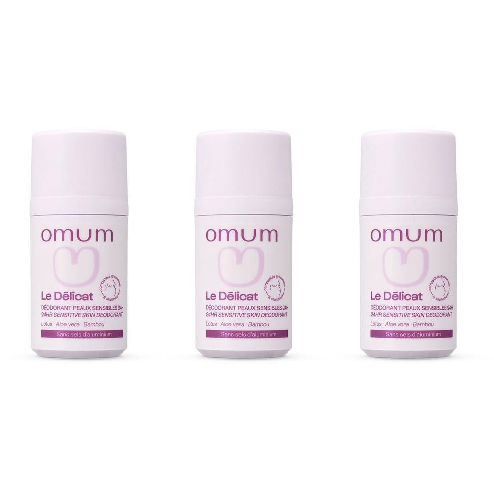 Trois flacons de déodorant Omum Le Délicat.