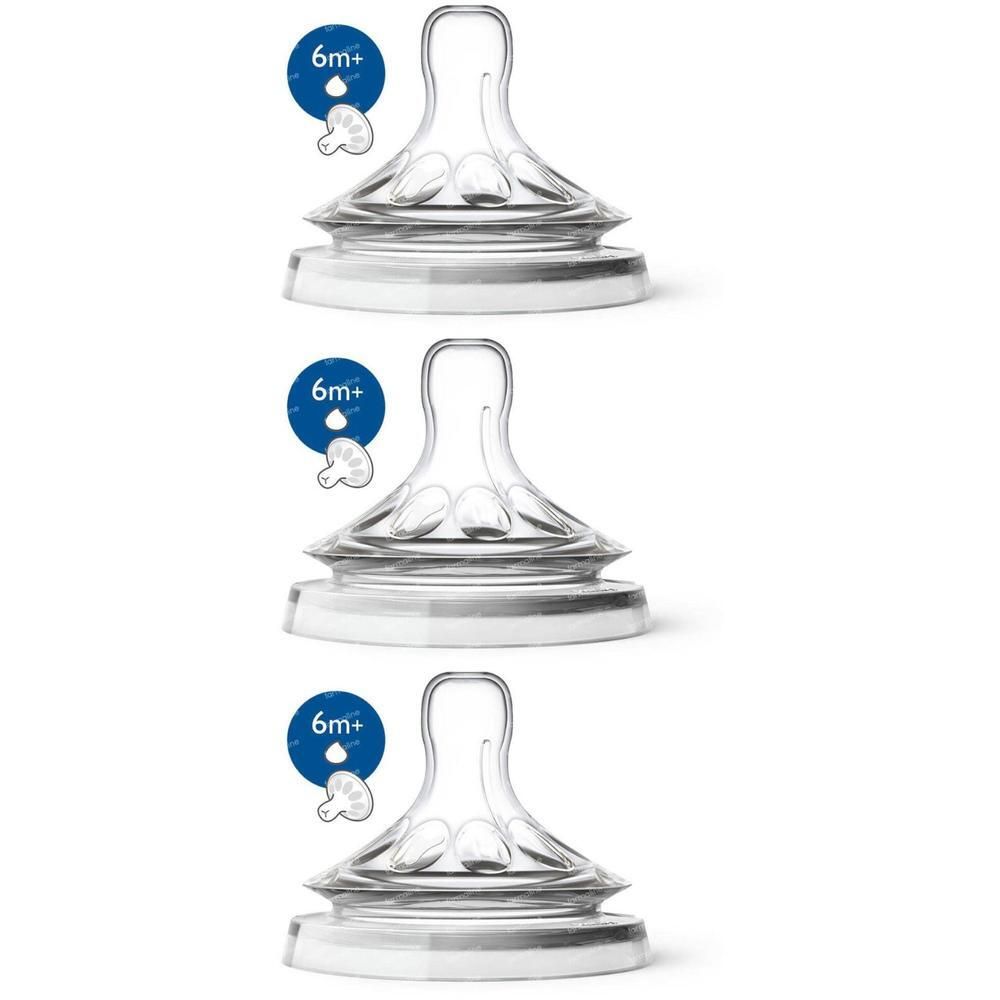 Trois tétines Philips Avent Natural 2.0 pour liquides épais, 6m+.