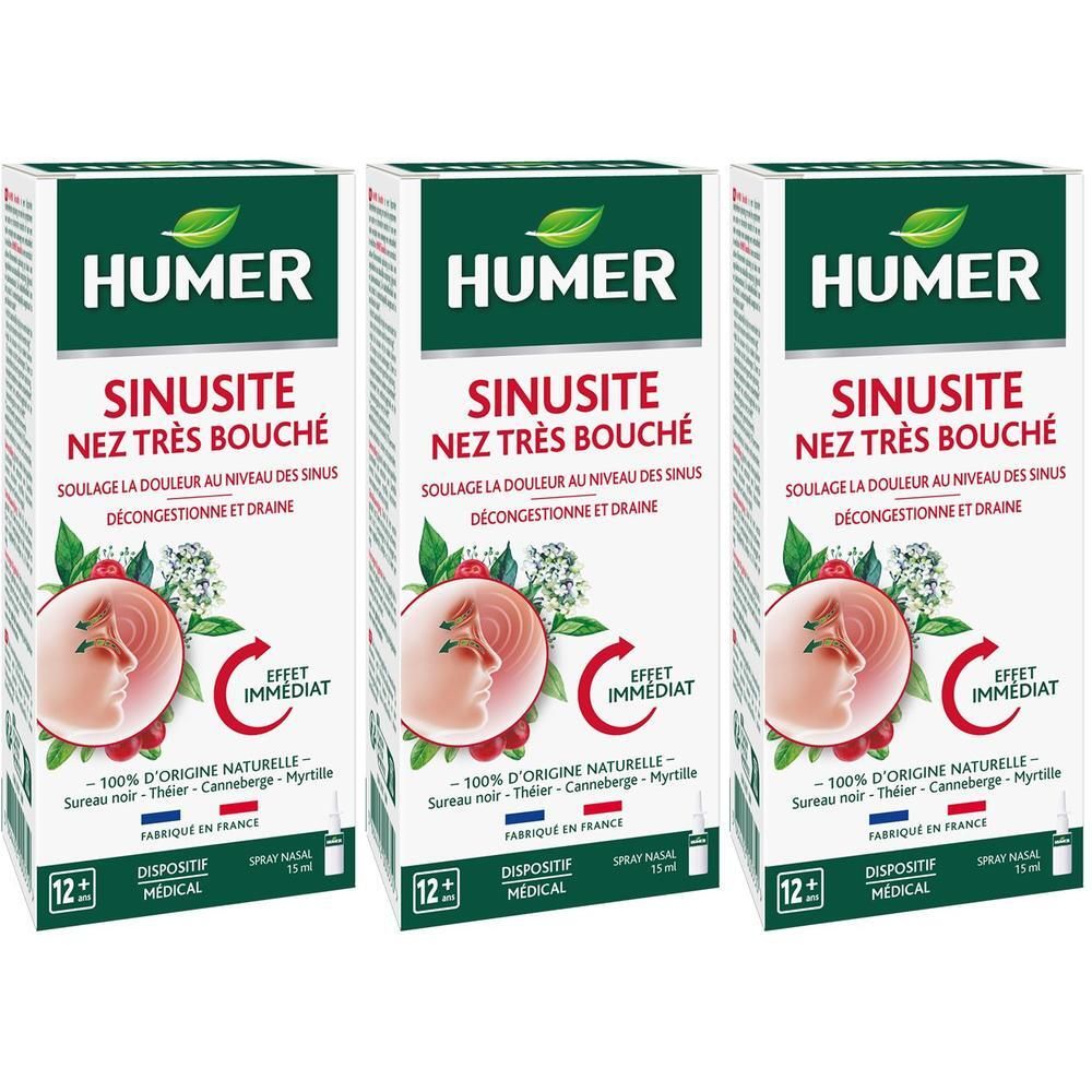 Drie verpakkingen Humer Sinusitis Neusspray met afbeelding van een gezicht en neusgebied.