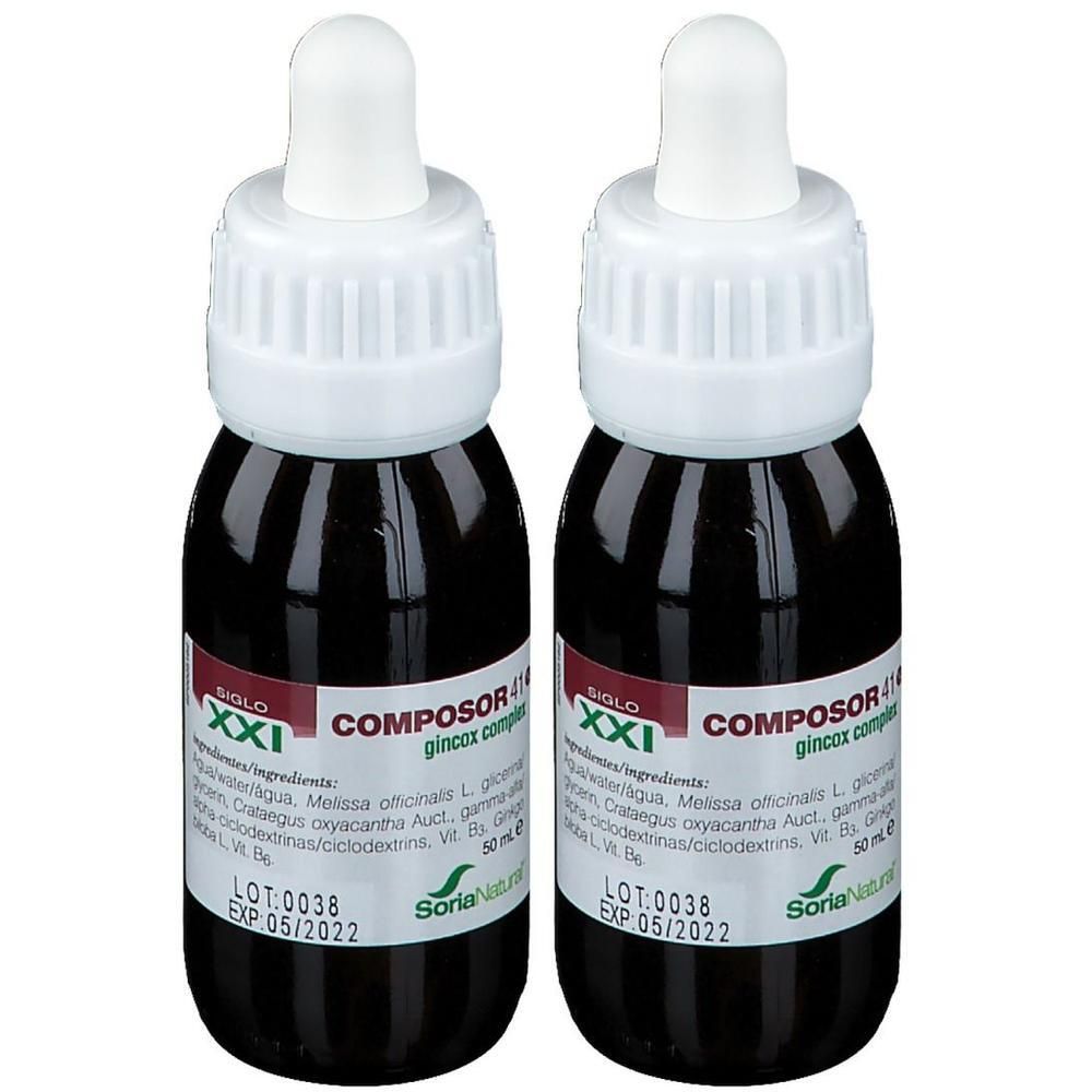 Deux flacons en verre brun avec compte-gouttes, remplis de liquide brun. Étiquette avec informations produit.