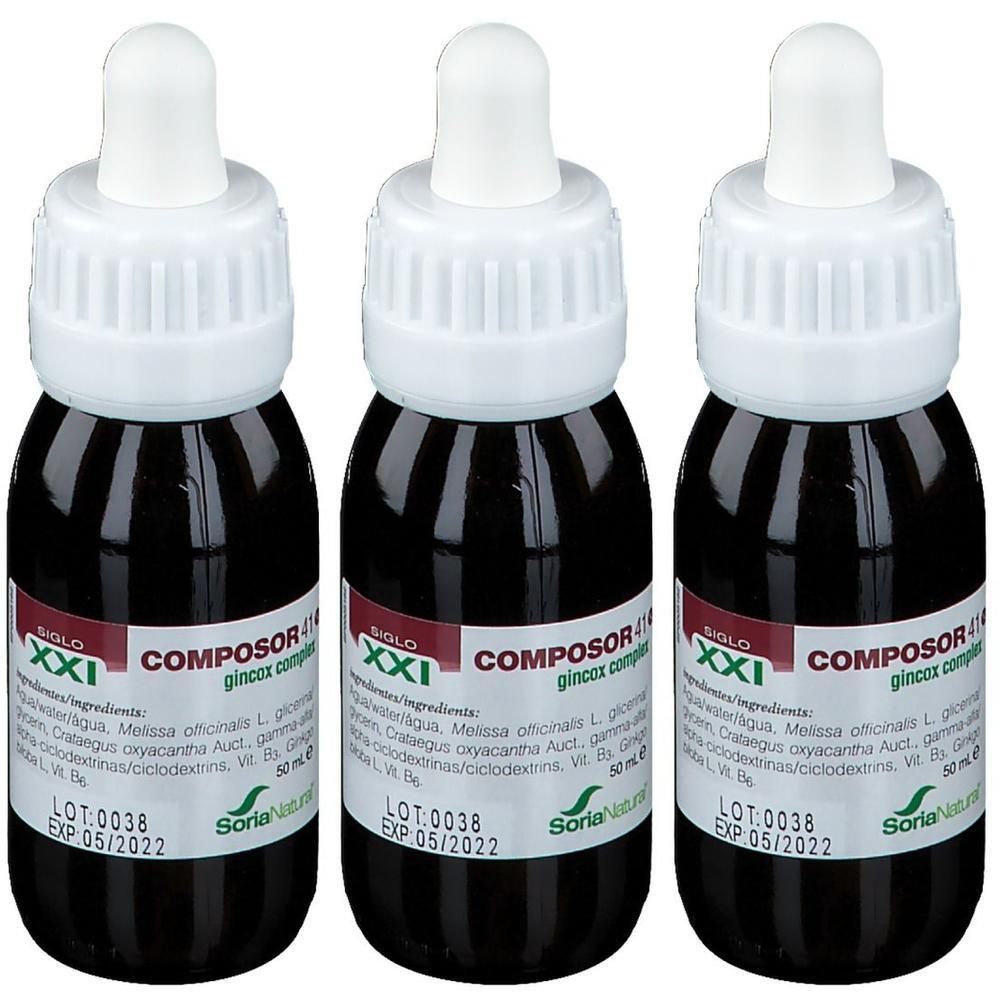 Trois flacons compte-gouttes avec liquide sombre et embouts blancs. Étiquettes indiquent 'COMPOSOR 41 Gincox Complex'.