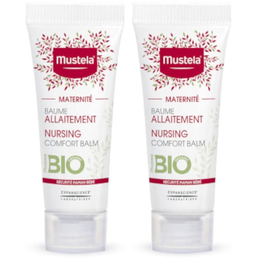 Deux tubes de Baume Allaitement Bio Mustela, soins maternité.
