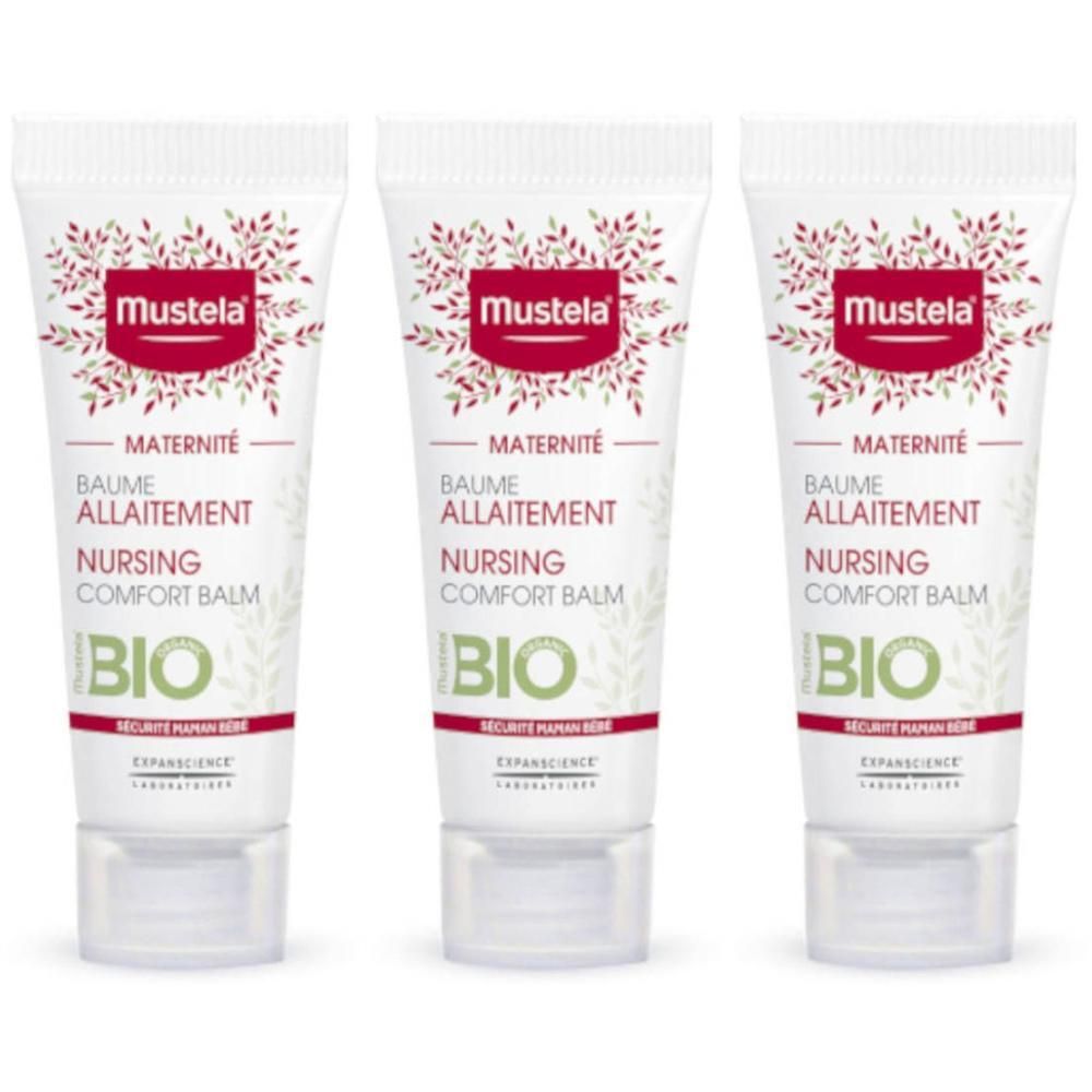 Trois tubes de Baume Allaitement BIO Mustela, décorés de feuilles rouges. Maternité, Nursing Comfort Balm.