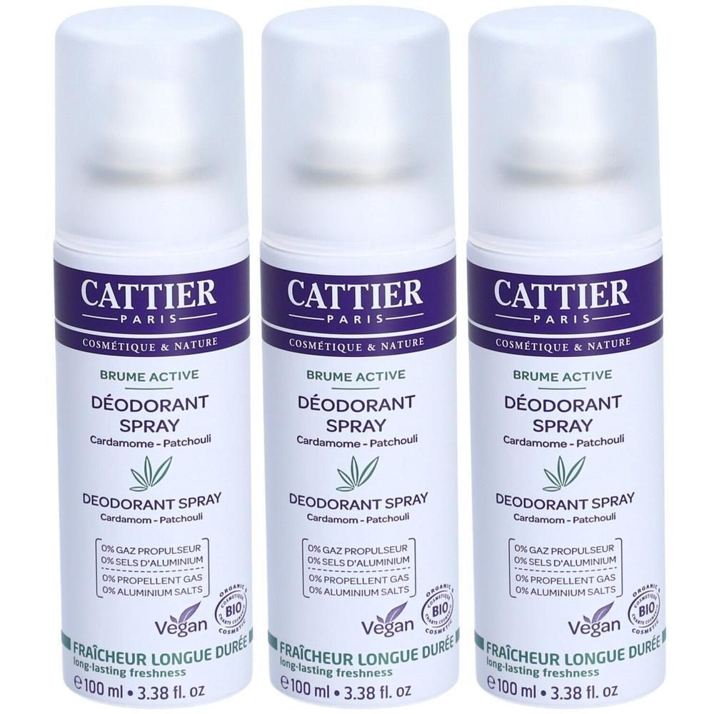 Drie Cattier Deodorant Sprays met Kardemom & Patchouli.