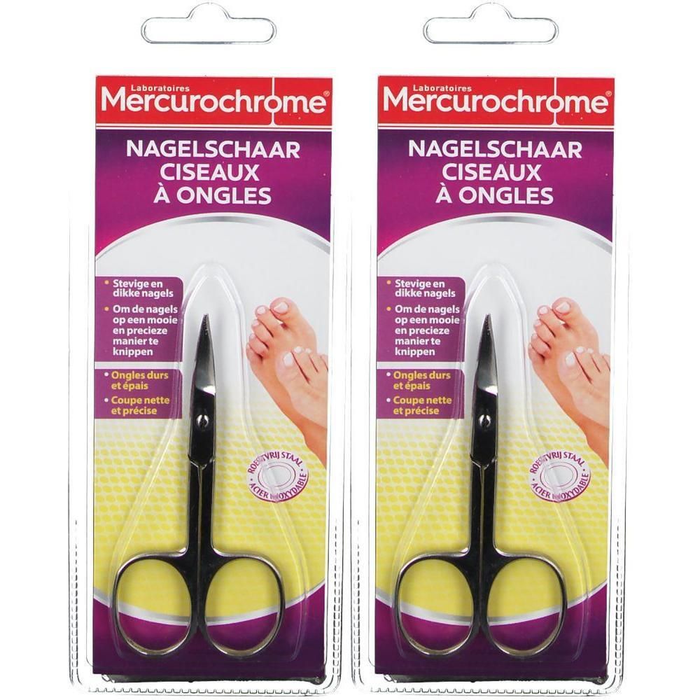 Deux paquets de ciseaux à ongles Mercurouchrome, avec poignées et lames argentées.