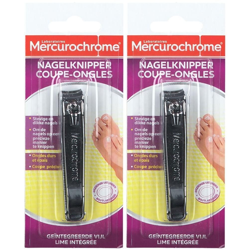 Deux coupe-ongles Mercurochrome avec lime intégrée. Pour ongles épais et durs.