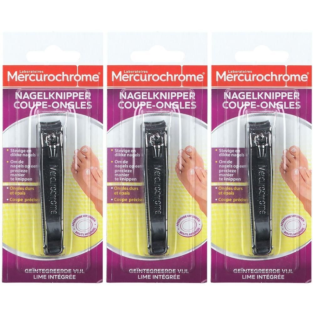 Trois coupe-ongles Mercurochrome avec lime à ongles intégrée.