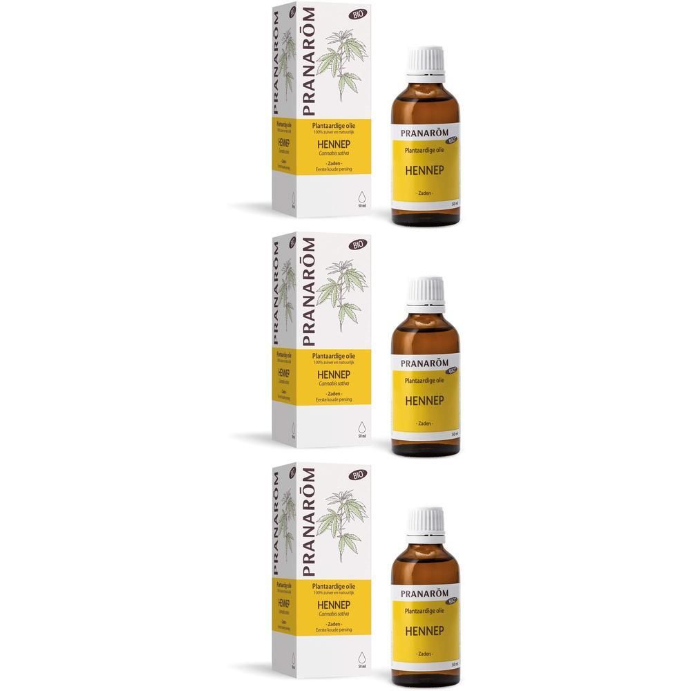 Fles biologische hennepolie van Pranarôm, voor de rijpe huid, met gebruiksinstructies.