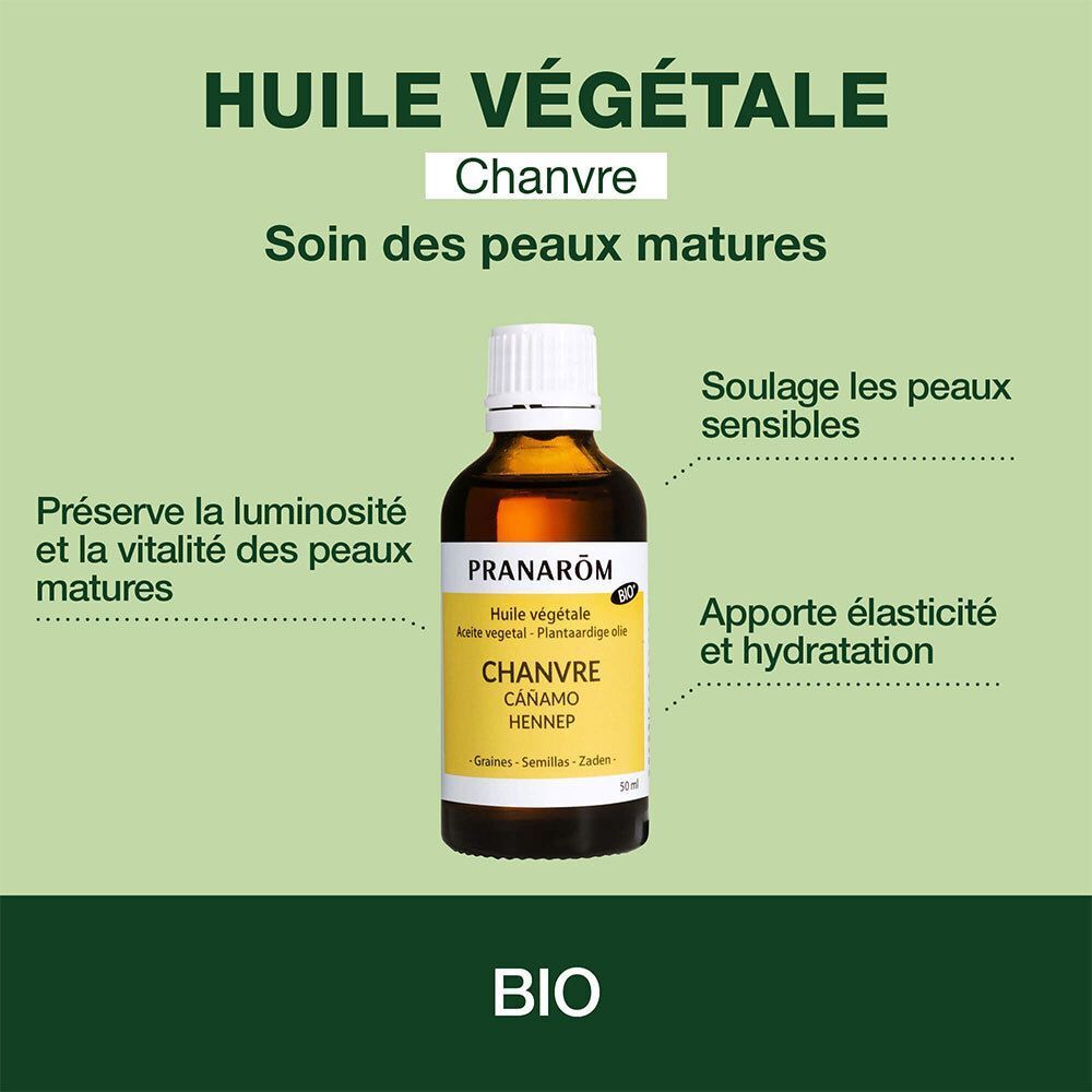 Bouteille d'huile de chanvre bio avec étiquette indiquant 'Huile Végétale Chanvre'.