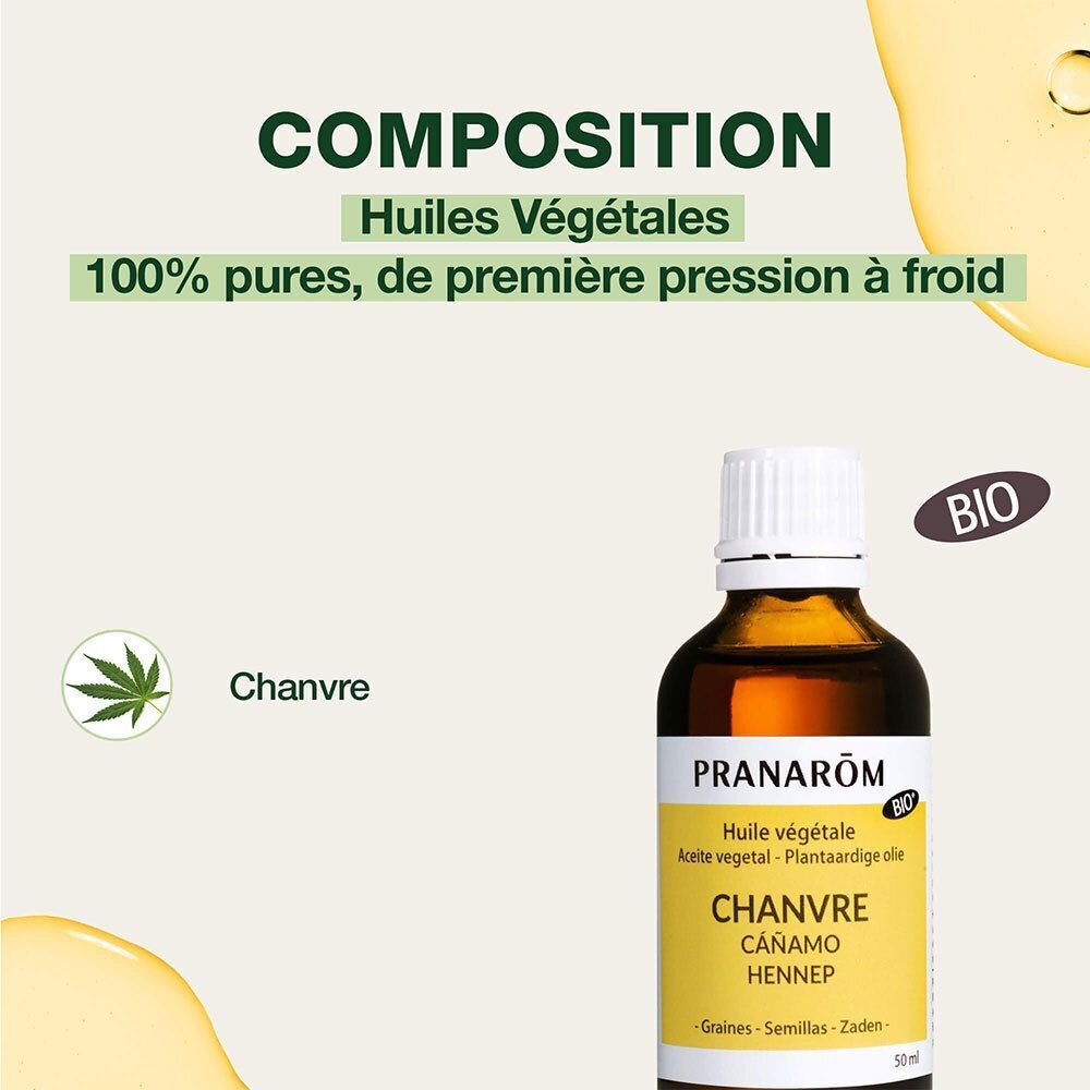 Bouteille d'huile végétale de chanvre bio Pranarôm, avec symbole feuille et mention 'Chanvre'.