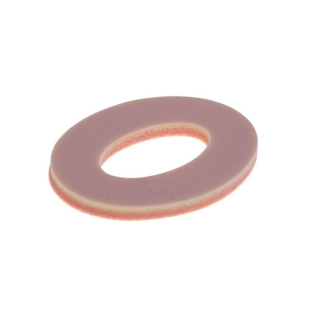 Protecteur ovale rose en mousse pour oignon, avec un trou au centre.