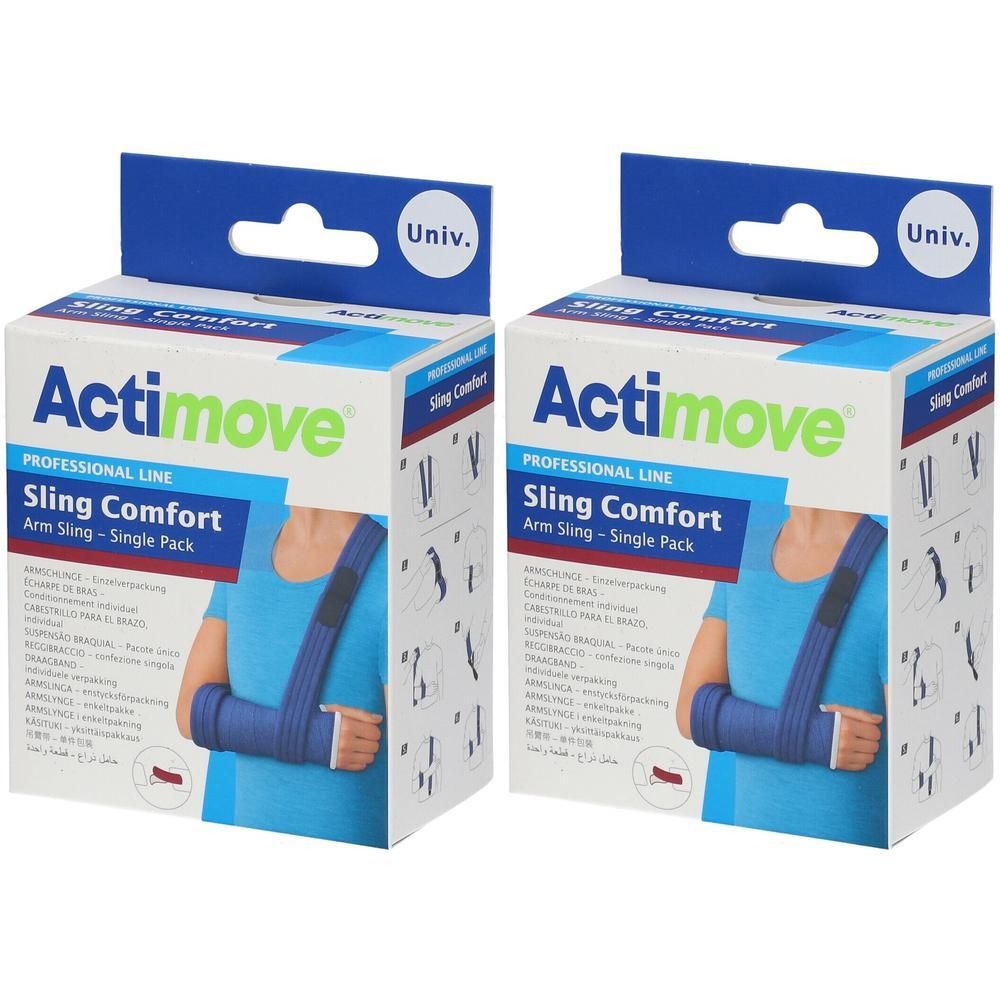 Twee Actimove Sling Comfort-verpakkingen. Opschrift: PROFESSIONAL LINE, Sling Comfort, Arm Sling - Single Pack. Blauw-witte verpakking.