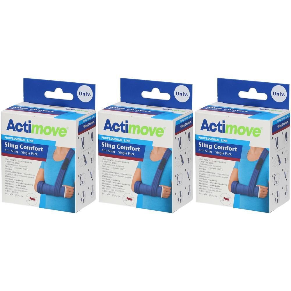 Trois boîtes Actimove Sling Comfort. Chaque boîte montre un bras dans une écharpe bleue. Inscription : Sling Comfort.