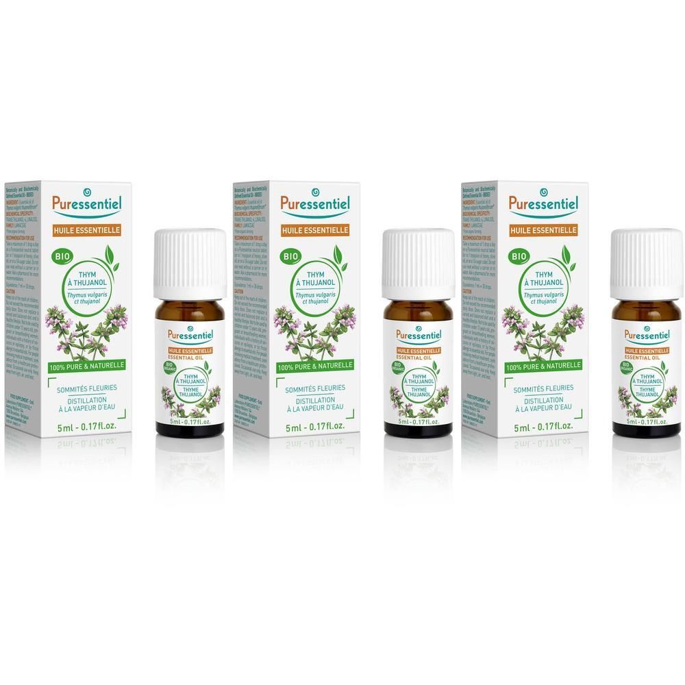 Bouteilles et boîtes de Puressentiel Huile Essentielle Thym.
