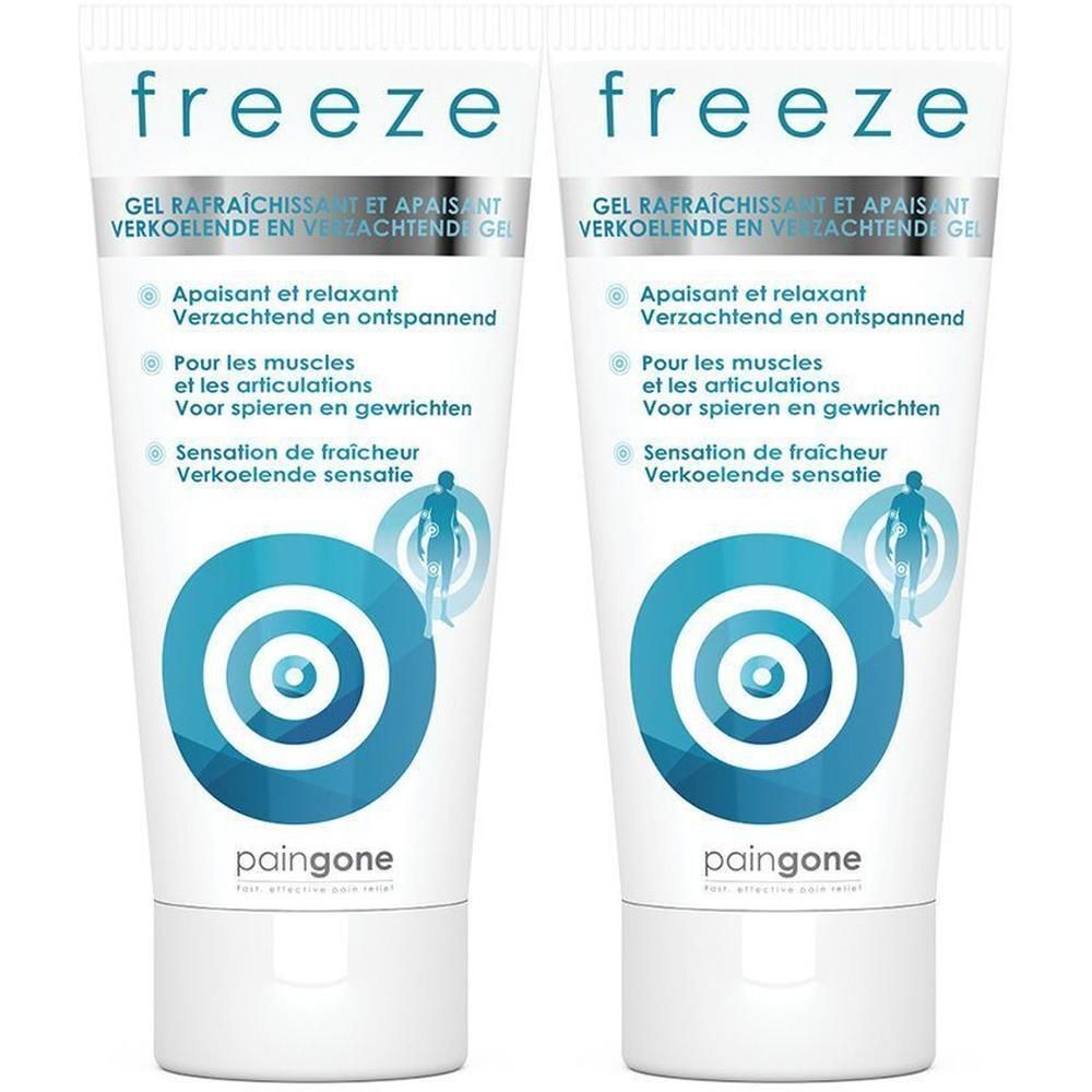 Deux tubes de gel rafraîchissant Paingone Freeze avec textes français.