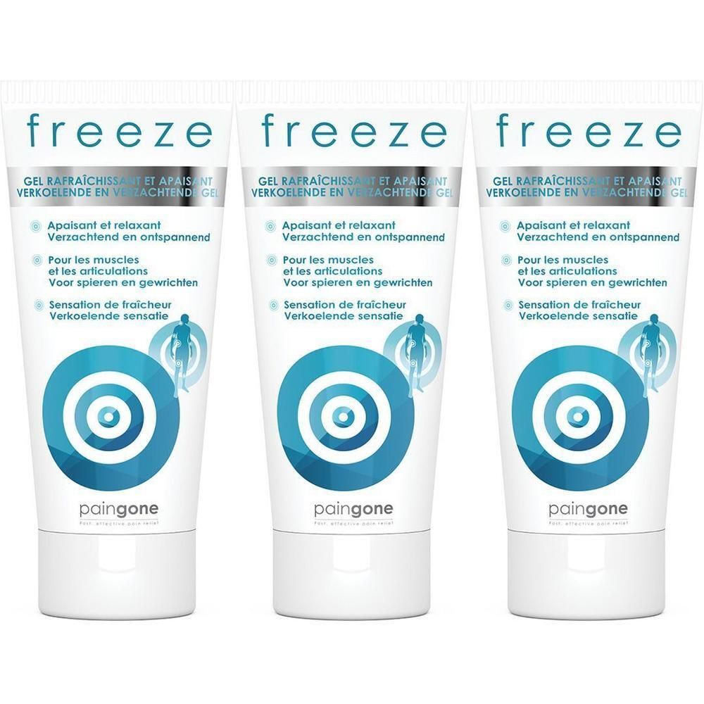 Trois tubes de gel rafraîchissant Paingone Freeze avec logo cercle bleu et silhouette humaine.