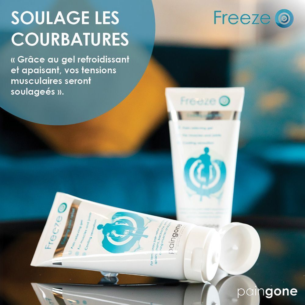 Deux tubes de gel Paingone Freeze, un couché, un debout. Texte : 'Soulage les courbatures'.