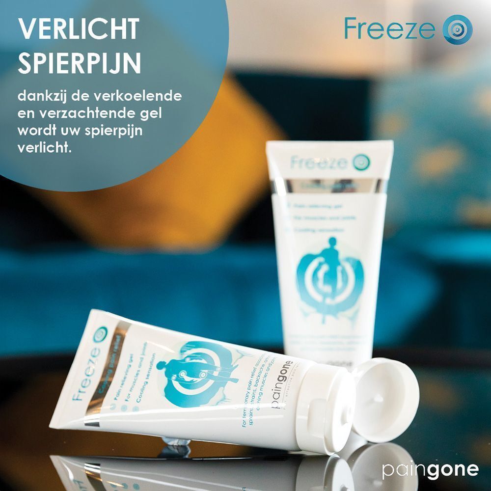 Twee tubes Paingone Freeze gel, één liggend, één staand. Tekst: 'Verlicht spierpijn'.