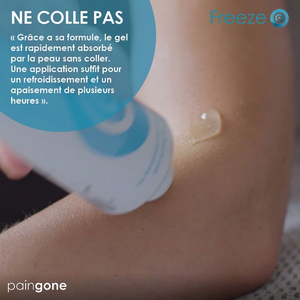 Gel Paingone Freeze appliqué sur la peau. Le gel est transparent. Texte : 'Ne colle pas'.