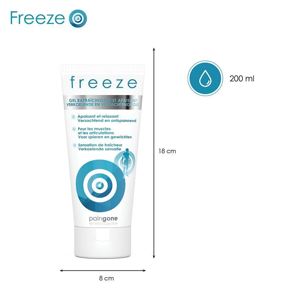 Een tube Paingone Freeze gel, 200 ml, 18 cm hoog, 8 cm breed. Verkoelende gel.