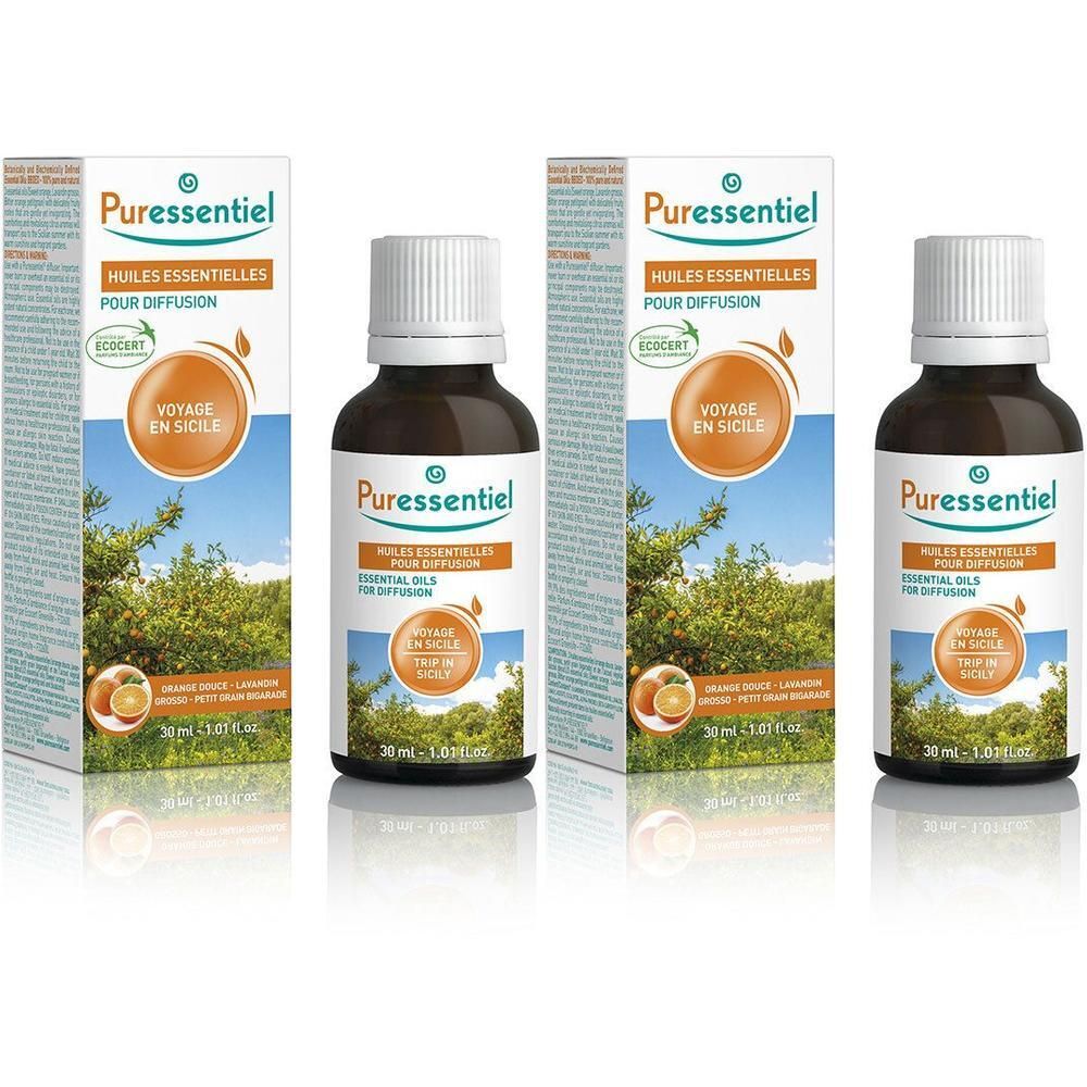 Bouteilles Puressentiel d'huiles essentielles pour diffusion, Voyage en Sicile. Flacons en verre brun avec bouchon blanc.