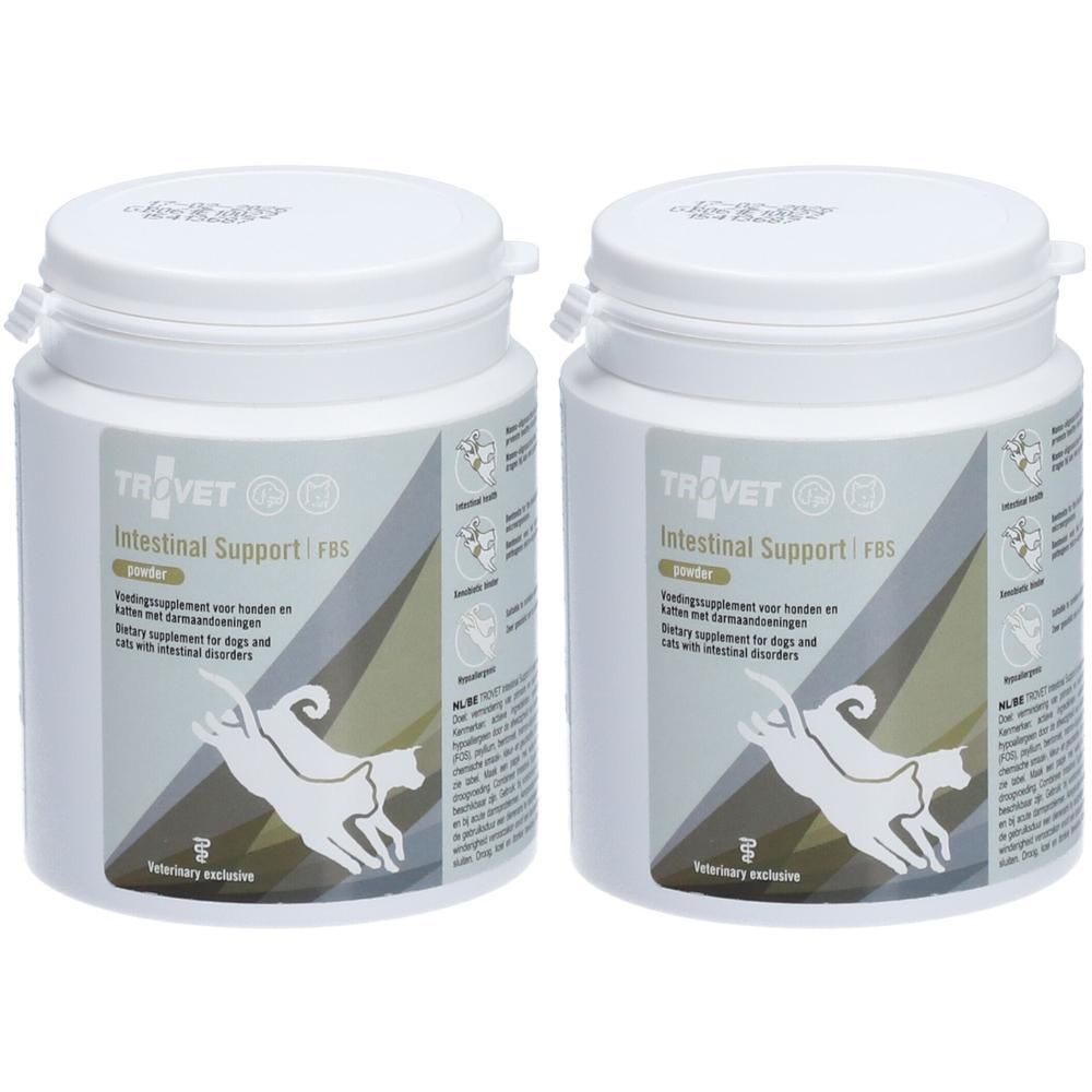 Twee potten Trovet Intestinal Support poeder voor honden en katten met darmklachten.