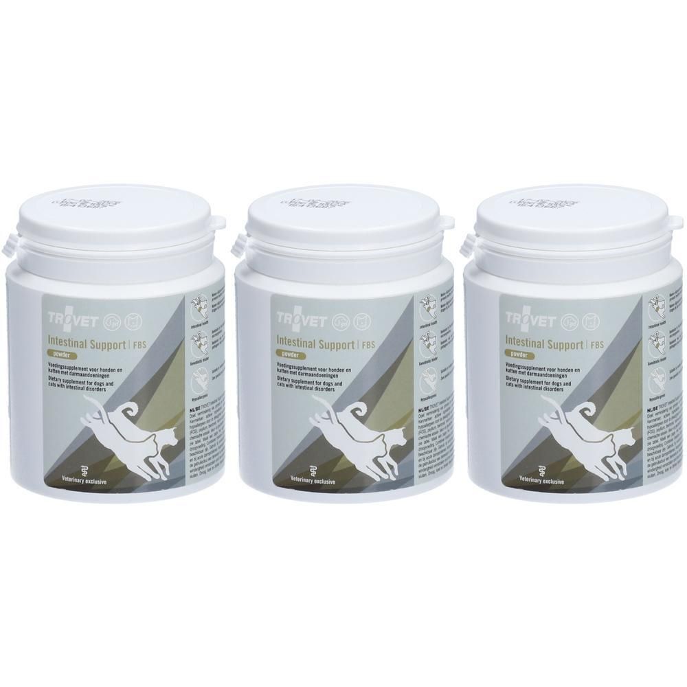 Drie potten Trovet Intestinal Support voor hond en kat. Witte potten met etiketten met een gestileerd hond- en kattenicoon.