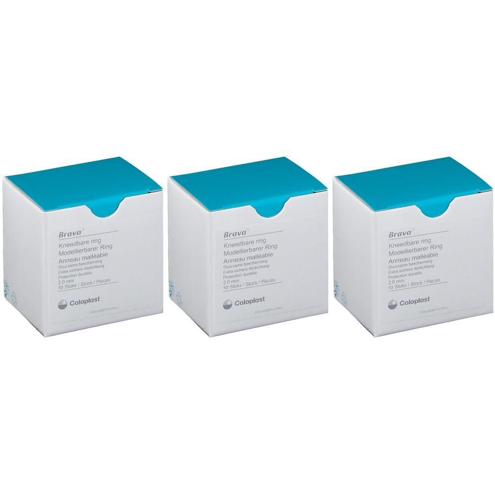 Trois boîtes de Brava Anneau Modelable. Boîtes blanches avec couvercles turquoise. Logo Coloplast visible.