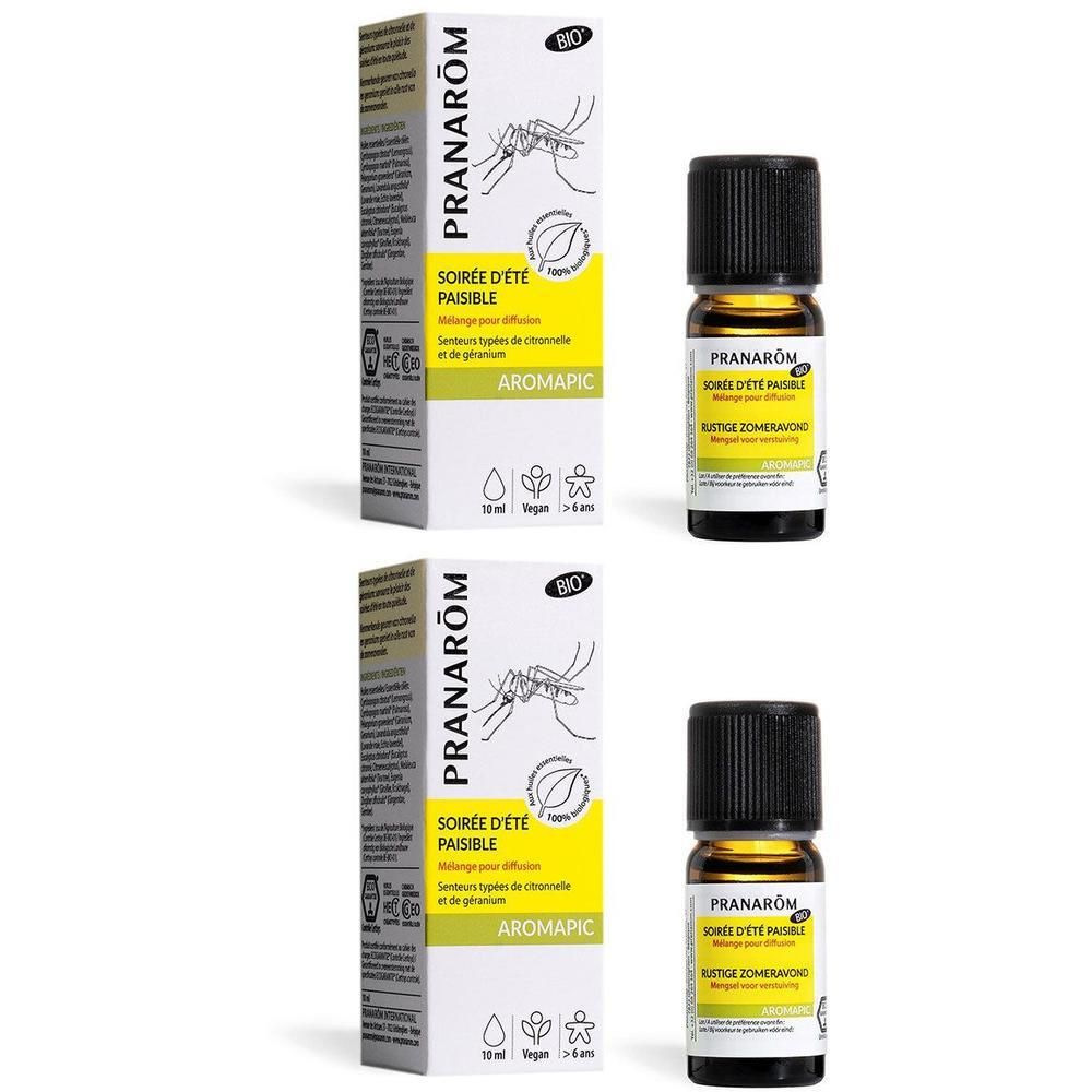 Deux flacons d'huile essentielle Pranarôm, mélange "Soirée d'Eté Paisible", 10ml.