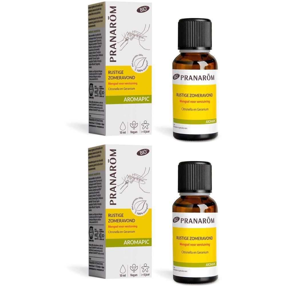 Twee flesjes Pranarôm etherische olie, "Rustige Zomeravond" melange, 10ml.