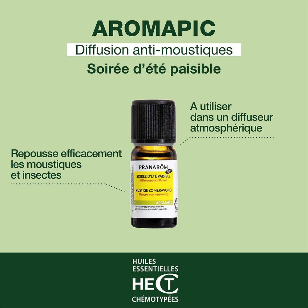 Un flacon d'huile essentielle pour diffuseur, avec texte sur la protection anti-moustiques.