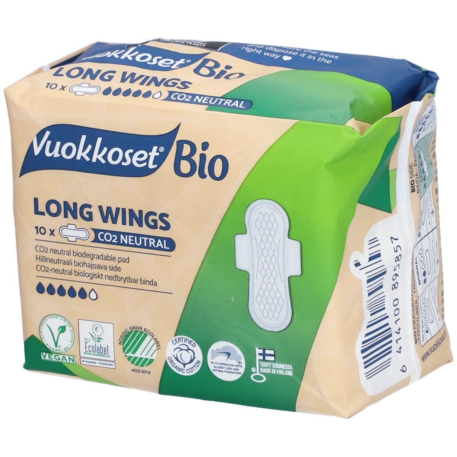 Vuokkoset Bio: 10 serviettes longues avec ailettes, CO2 neutre, biodégradables.