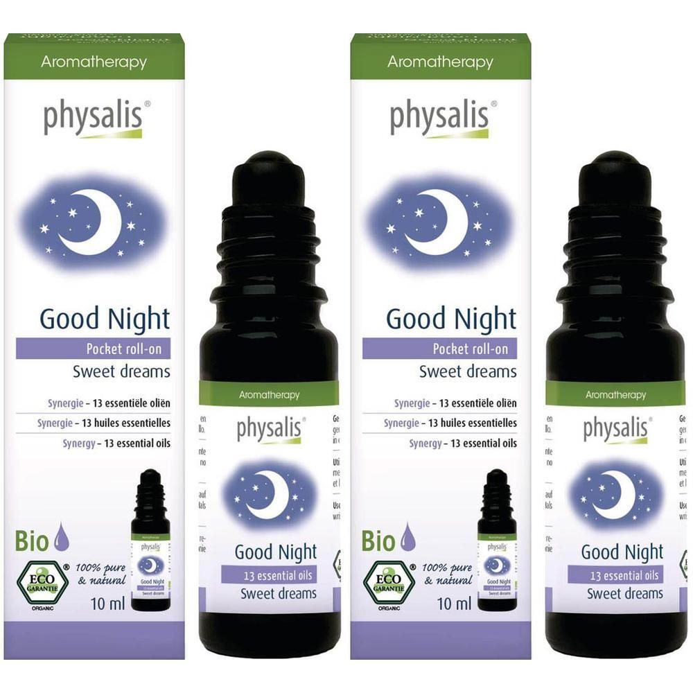 Physalis Good Night Roll-On Bio: Flacon 10ml avec symbole lune. Aromathérapie pour de doux rêves.