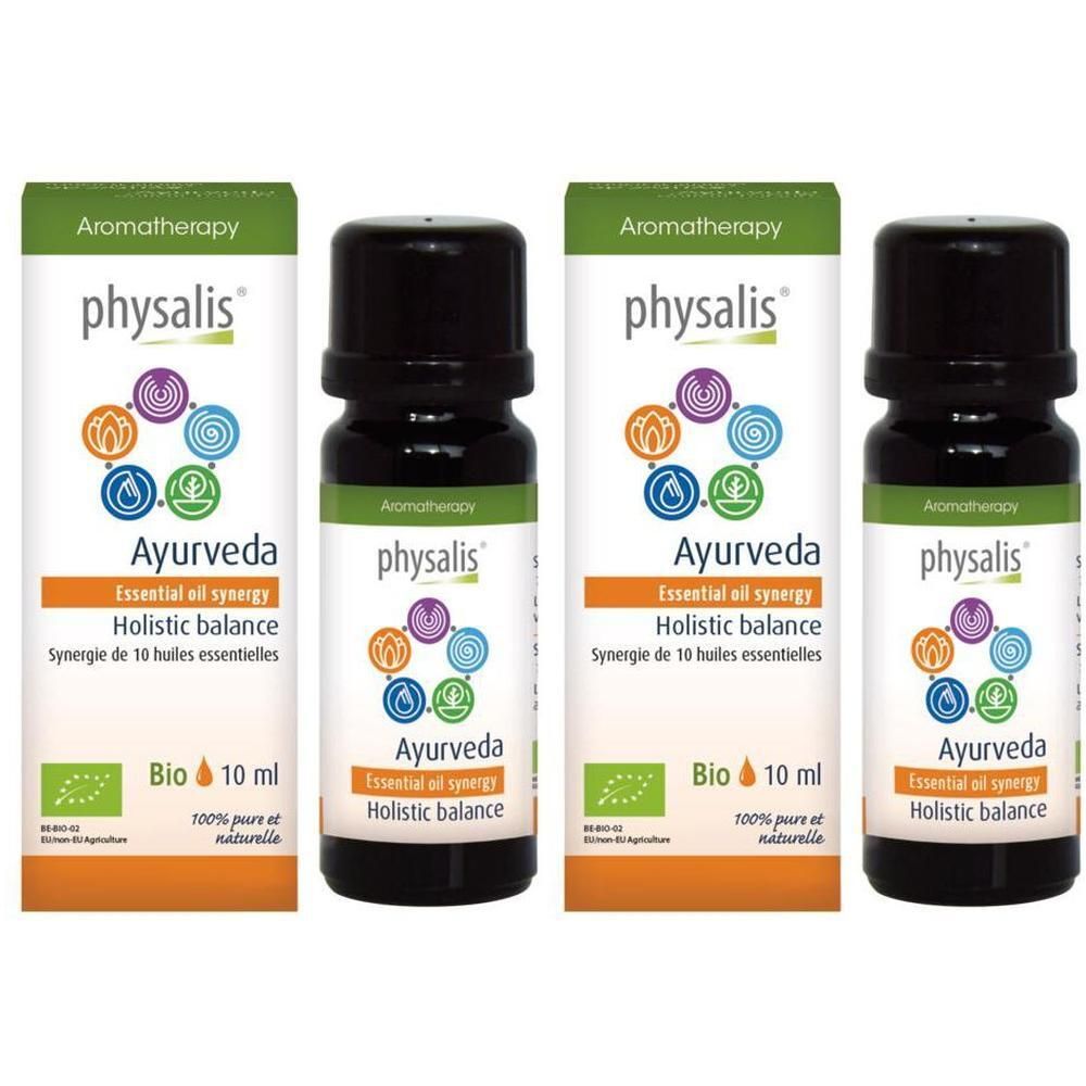Deux flacons d'huile essentielle Bio Physalis Synergie Ayurveda, 10ml.