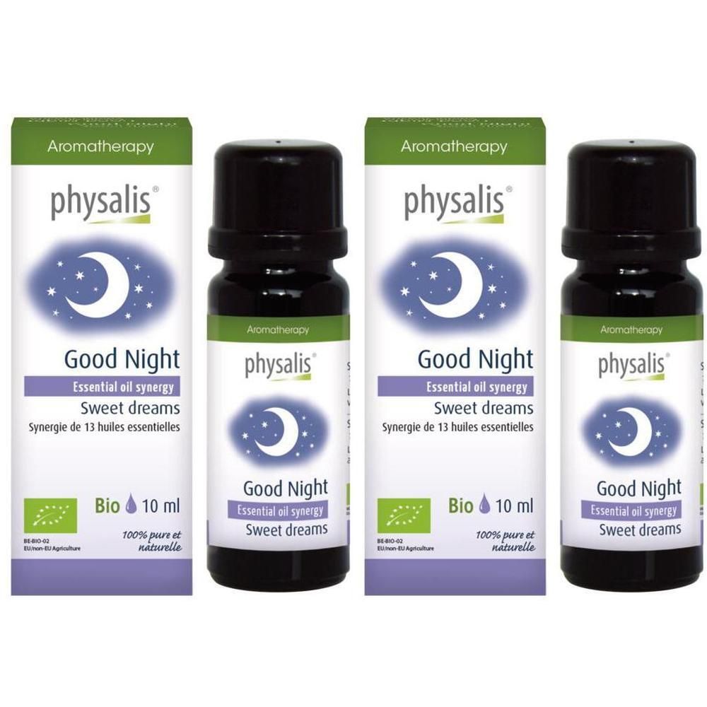Quatre flacons d'huile essentielle Bio Physalis® Synergie Good Night, 10 ml.