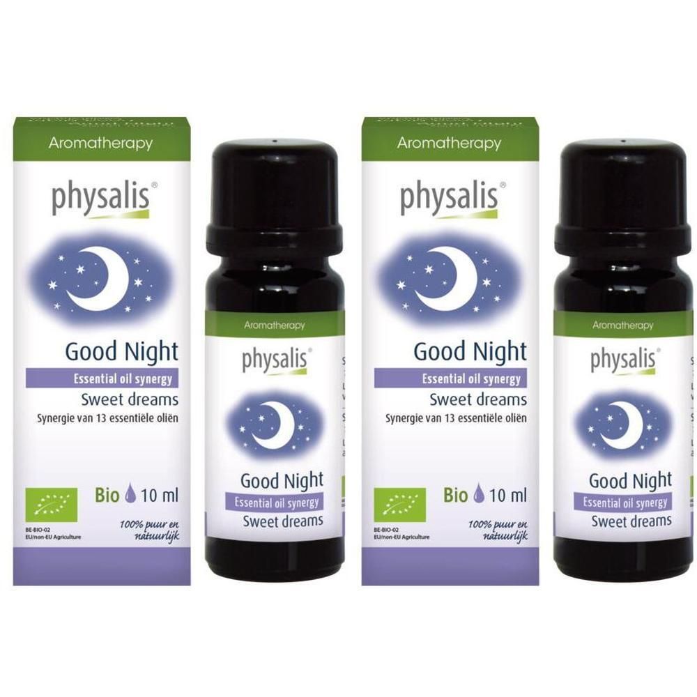 Vier flesjes Physalis® Synergie Good Night Bio etherische olie, 10 ml.