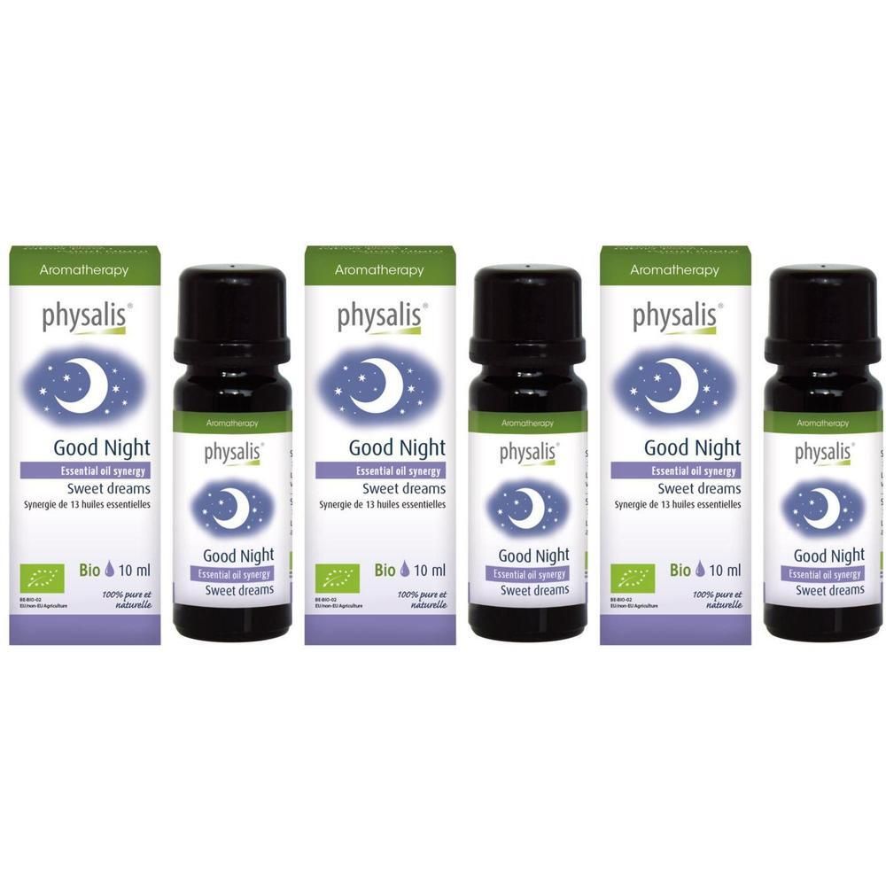 Trois flacons d'huile essentielle Bio Physalis® Synergie Good Night, 10 ml.