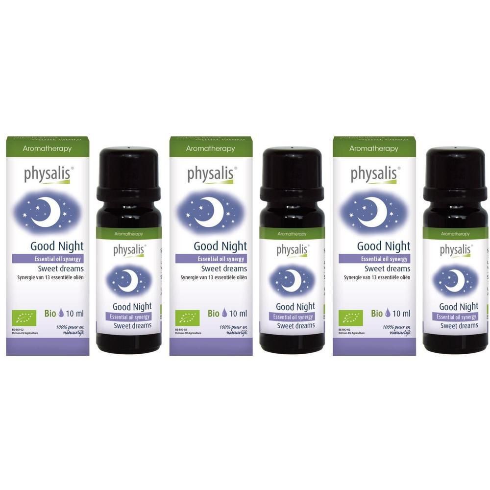 Drie flesjes Physalis® Synergie Good Night etherische olie Bio, 10 ml.